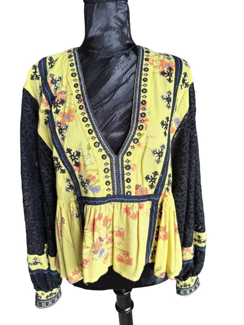 Free People Boogie All Night Embroidered Lace Sleeve Peplum Top Yellow XS